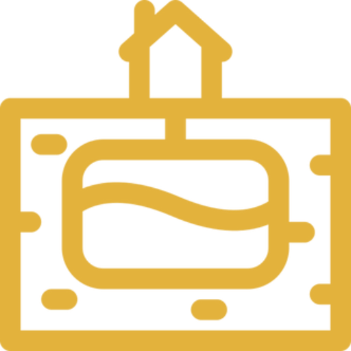 Icon of a house above a key inside a rectangular tag.
