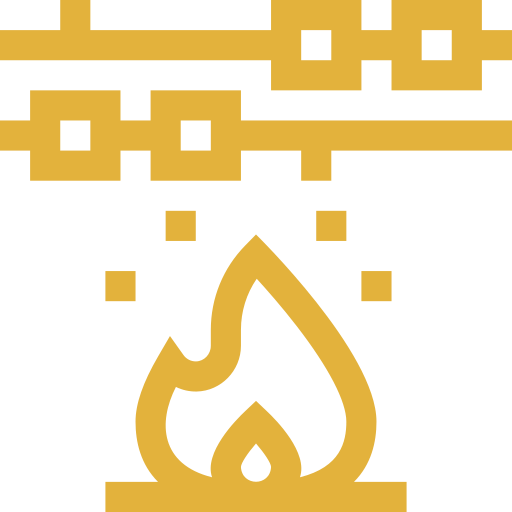 A stylized flame with pixel-like squares above it.