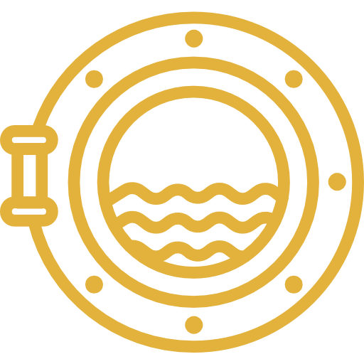 A gold porthole window with water waves inside.